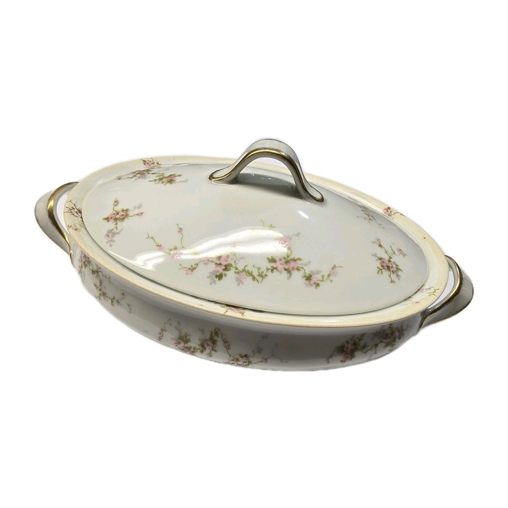 Antique Theo Haviland France‎ Covered Casserole Dish Porcelain Pink Floral